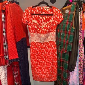 Babylon Collection Floral Red Wiggle Dress with Lace Detail
